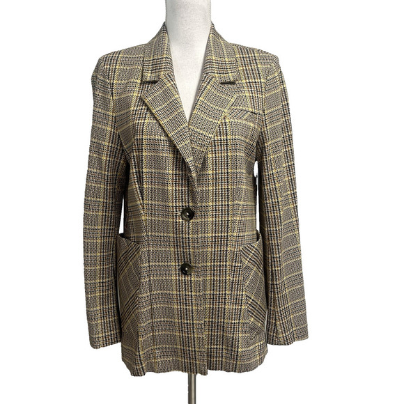 CABI Blazer Jacket size 8 Camel Brown Yellow Plaid Stretch Career Casual Pockets - Picture 1 of 11